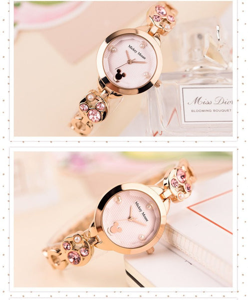 Luxury Ladies Mickey Quartz Watch with Rhinestones