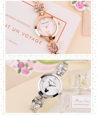 Luxury Ladies Mickey Quartz Watch with Rhinestones